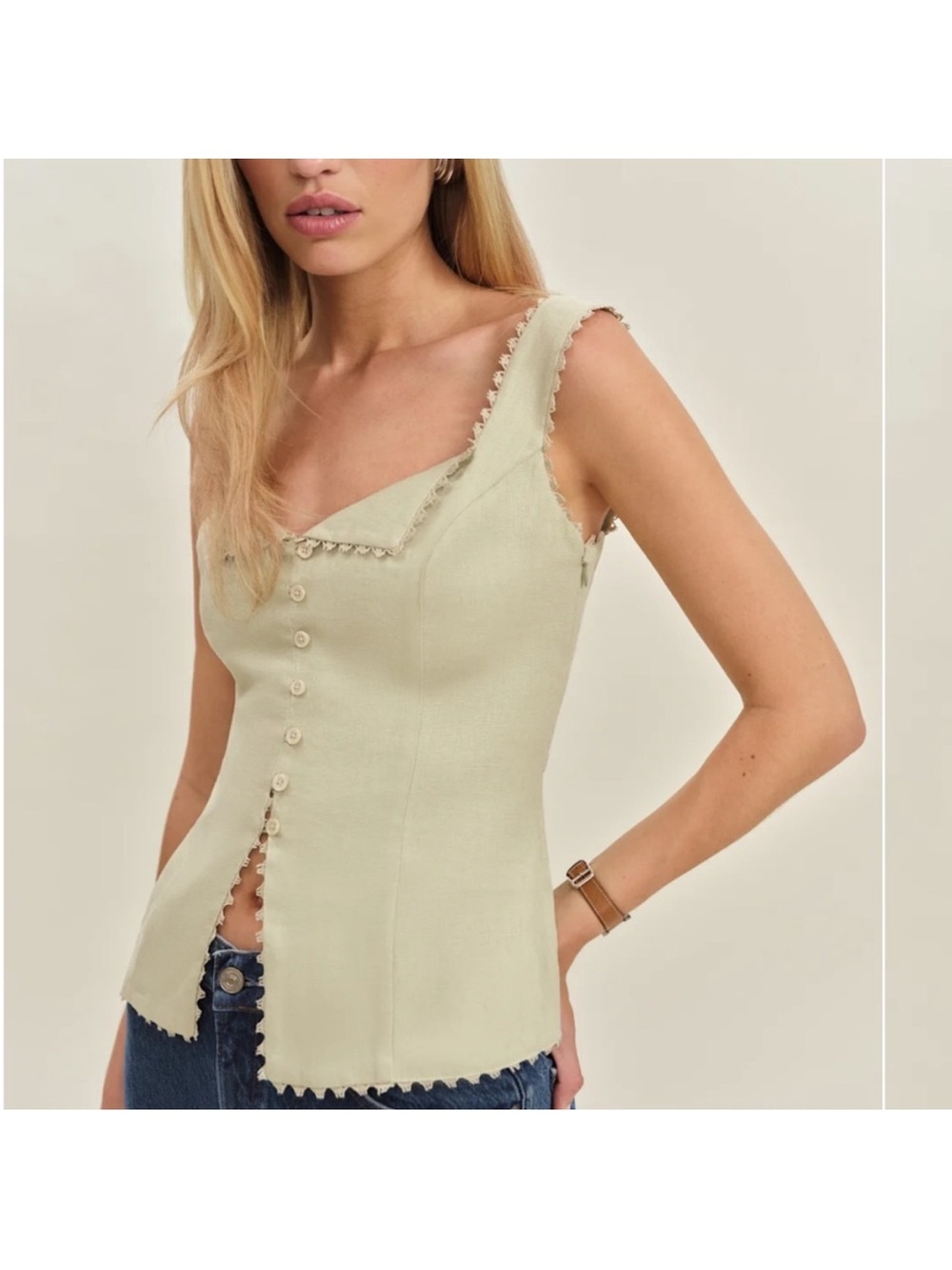 Frayed-Trim Button Front Linen Tank in Pale Lime